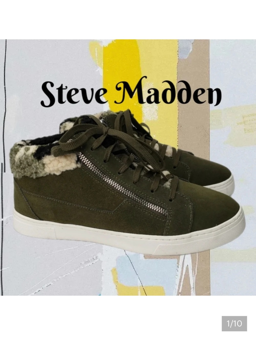 Steve Madden Kameo Green Suede Camouflage Faux Fur Sneakers sz 11 Retro look